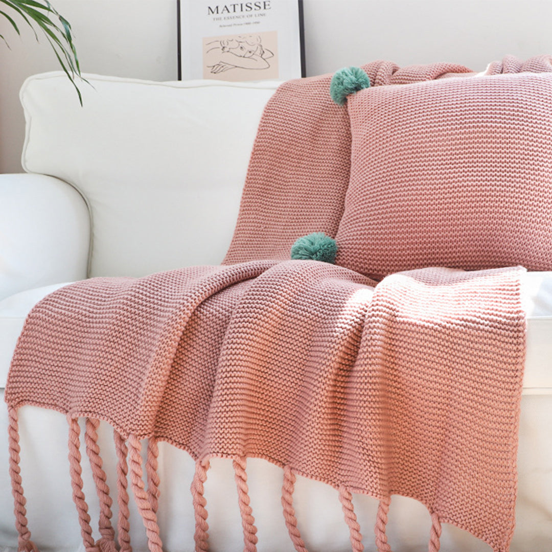 SOGA Pink Tassel Fringe Knitting Blanket Warm Cozy Woven Cover Couch Bed Sofa Home Decor • LUZ-Blanket930