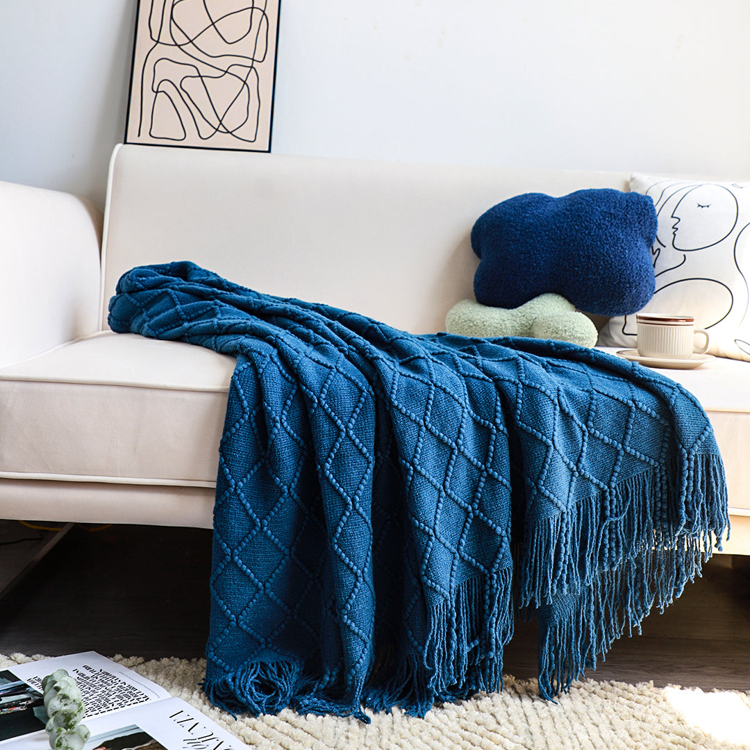 SOGA 2X Royal Blue Diamond Pattern Knitted Throw Blanket Warm Cozy Woven Cover Couch Bed Sofa Home Decor with Tassels • LUZ-Blanket902X2