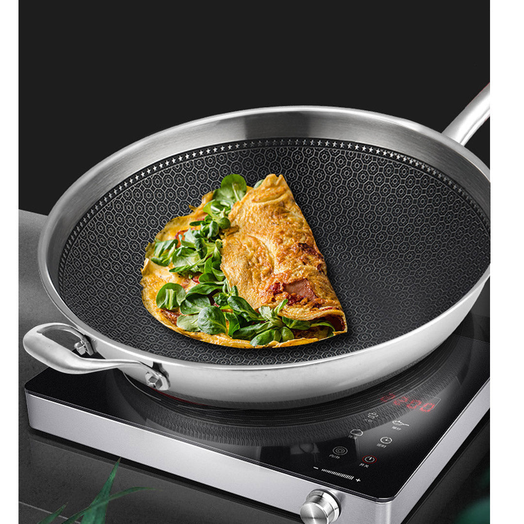 SOGA 18/10 Stainless Steel Fry Pan 32cm Frying Pan Top Grade Non Stick Interior Skillet with Helper Handle and Lid • LUZ-TRIFPT32
