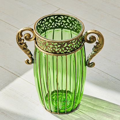 SOGA Green Glass Flower Vase with 8 Bunch 5 Heads Artificial Fake Silk Rose Home Decor Set • LUZ-YG8038G-F009