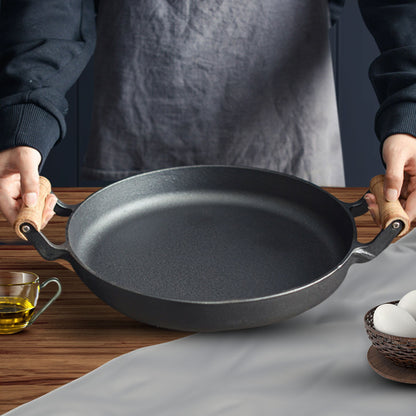 SOGA 2X 35cm Cast Iron Frying Pan Skillet Steak Sizzle Fry Platter With Wooden Handle No Lid • LUZ-ZPaiB8X2