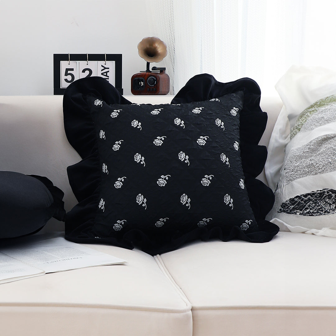 SOGA 2X 45cm Throw Pillow Black Ruffled Square Decorative Cushion for Rose Lovers Cozy Home Decor • LUZ-FrenchCushion307X2