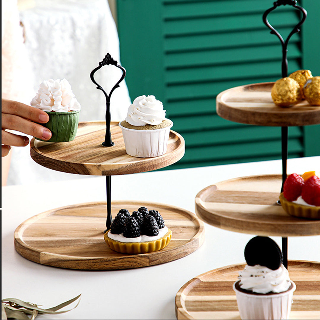 SOGA 15cm 2 Tier  Brown Round Wooden Acacia Dessert Tray Cake Snacks Cupcake Stand Buffet Serving Countertop Decor • LUZ-WodC237