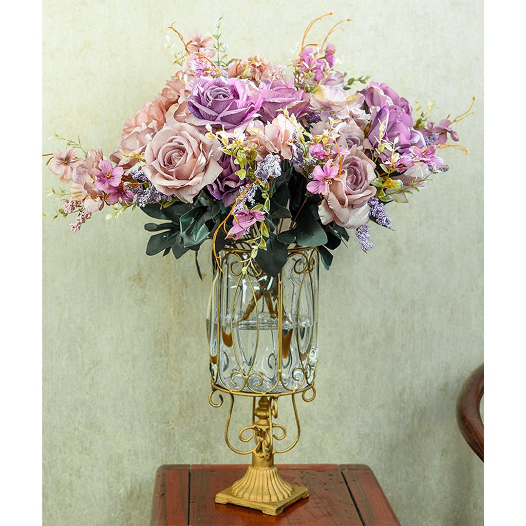 SOGA European Clear Glass Cylinder Flower Vase Solid Base with Gold Metal Pattern • LUZ-HO-VaseYG3015