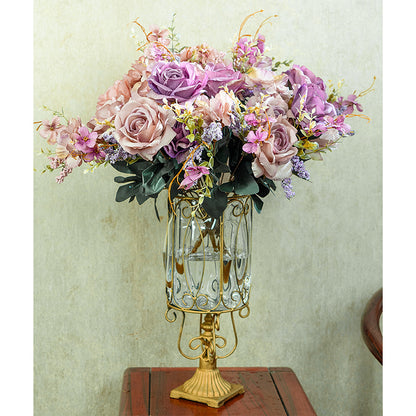 SOGA European Clear Glass Cylinder Flower Vase Solid Base with Gold Metal Pattern • LUZ-HO-VaseYG3015