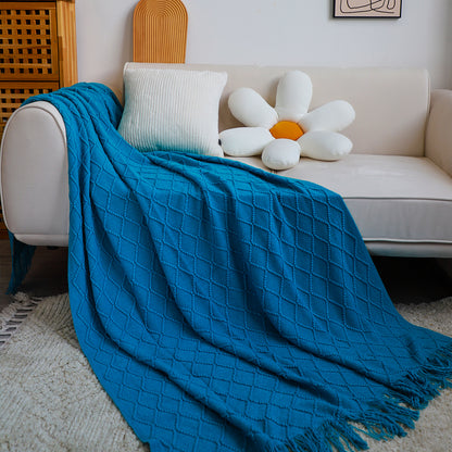 SOGA 2X Blue Diamond Pattern Knitted Throw Blanket Warm Cozy Woven Cover Couch Bed Sofa Home Decor with Tassels • LUZ-Blanket904X2