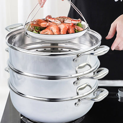 SOGA 3 Tier 28cm Heavy Duty Stainless Steel Food Steamer Vegetable Pot Stackable Pan Insert with Glass Lid • LUZ-SteamerTRISTQ28