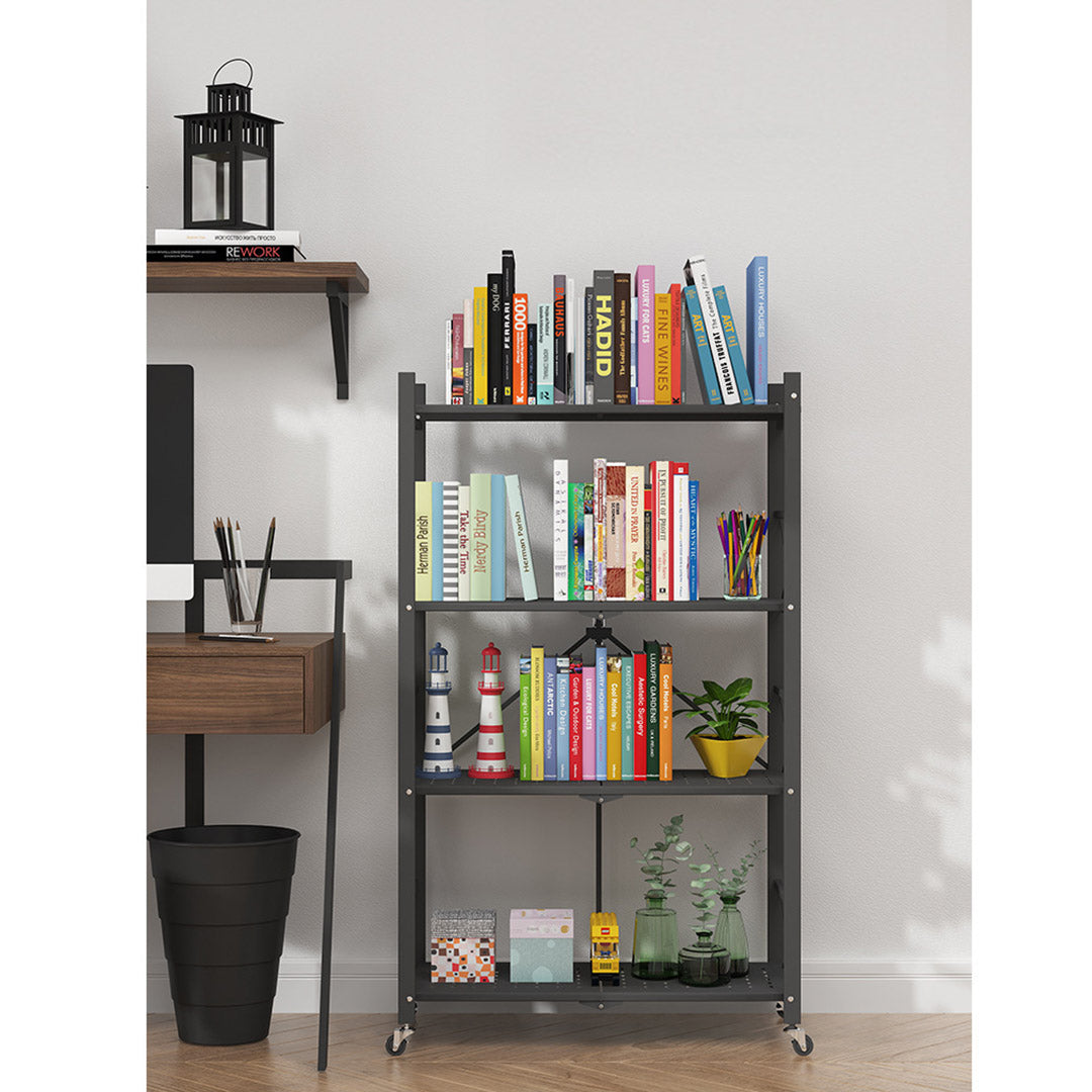 SOGA 2X 4 Tier Steel Black Foldable Display Stand Multi-Functional Shelves Portable Storage Organizer with Wheels • LUZ-KitchenXY029BLKX2