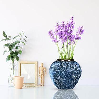 SOGA 21x22cm Blue with White Mini Floral Small Ceramic Flower Vase Elegant Living Room Home Decor • LUZ-Vase822