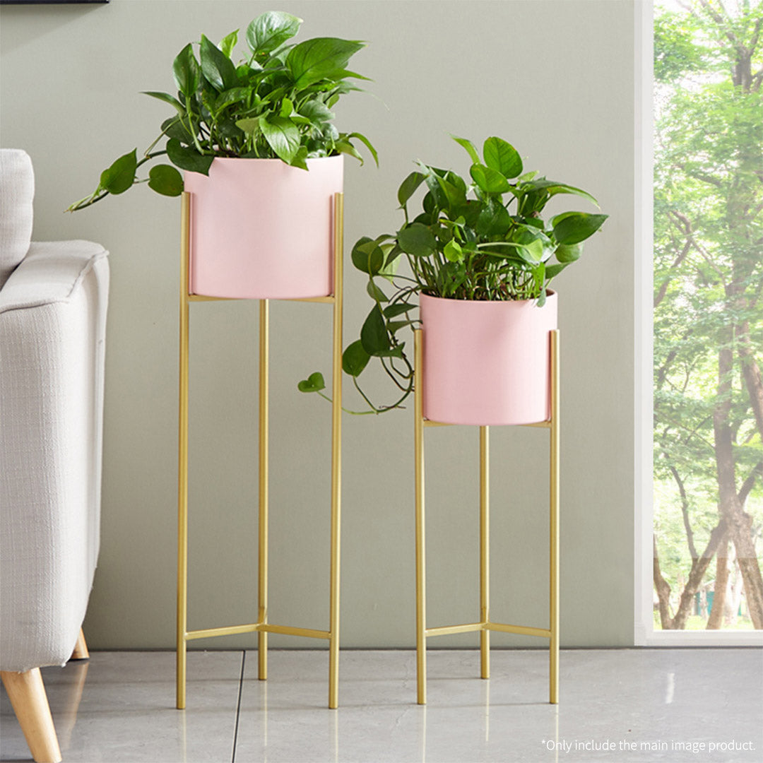 SOGA 4X 2 Layer 42cm Gold Metal Plant Stand with Pink Flower Pot Holder Corner Shelving Rack Indoor Display LUZ-FPotH45PNKX4