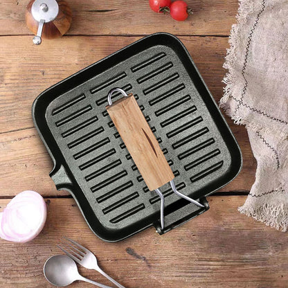 SOGA 2X 24cm Ribbed Cast Iron Square Steak Frying Grill Skillet Pan with Folding Wooden Handle • LUZ-ZPai010X2