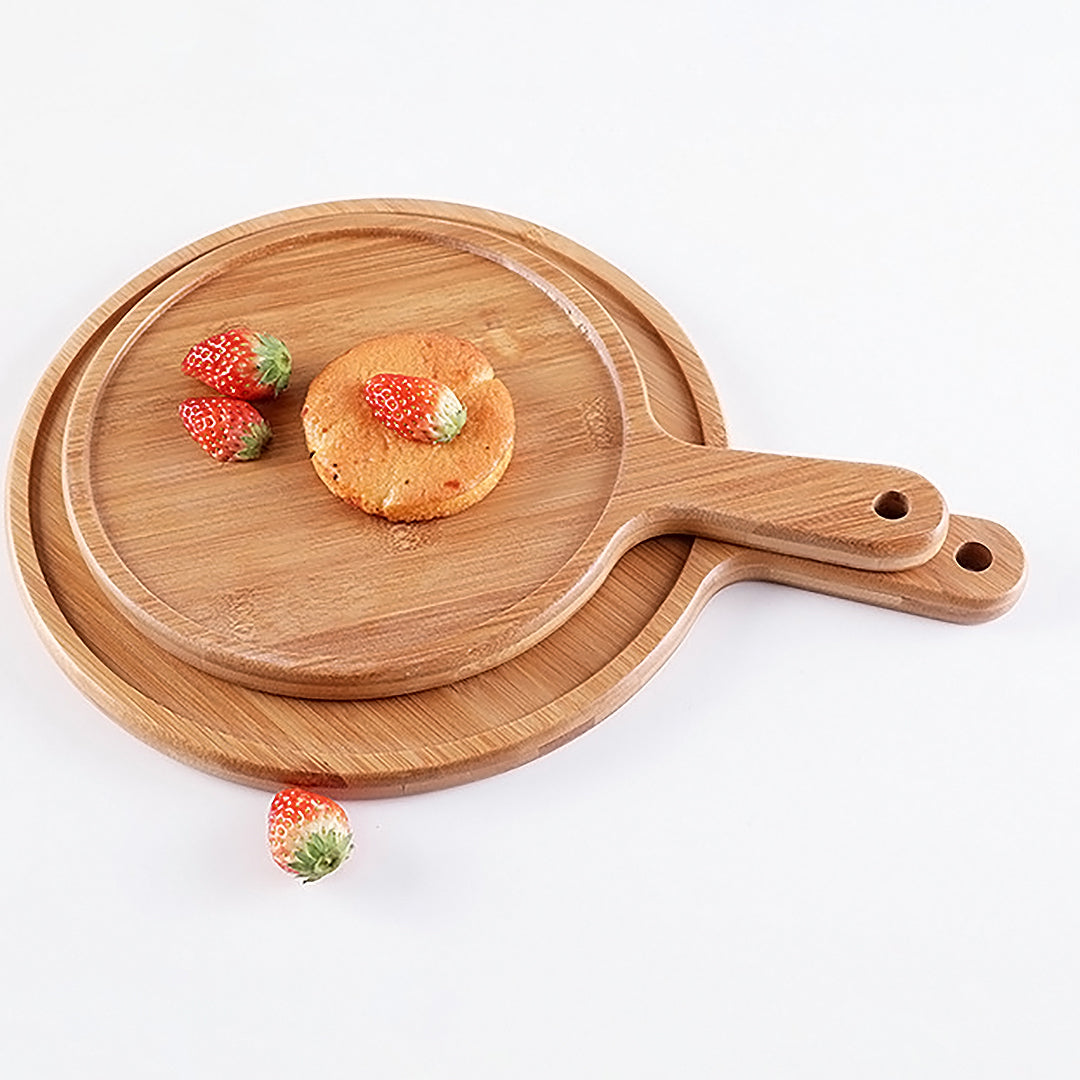 SOGA 2X 9 inch Blonde Round Premium Wooden Serving Tray Board Paddle with Handle Home Decor • LUZ-WodE504X2