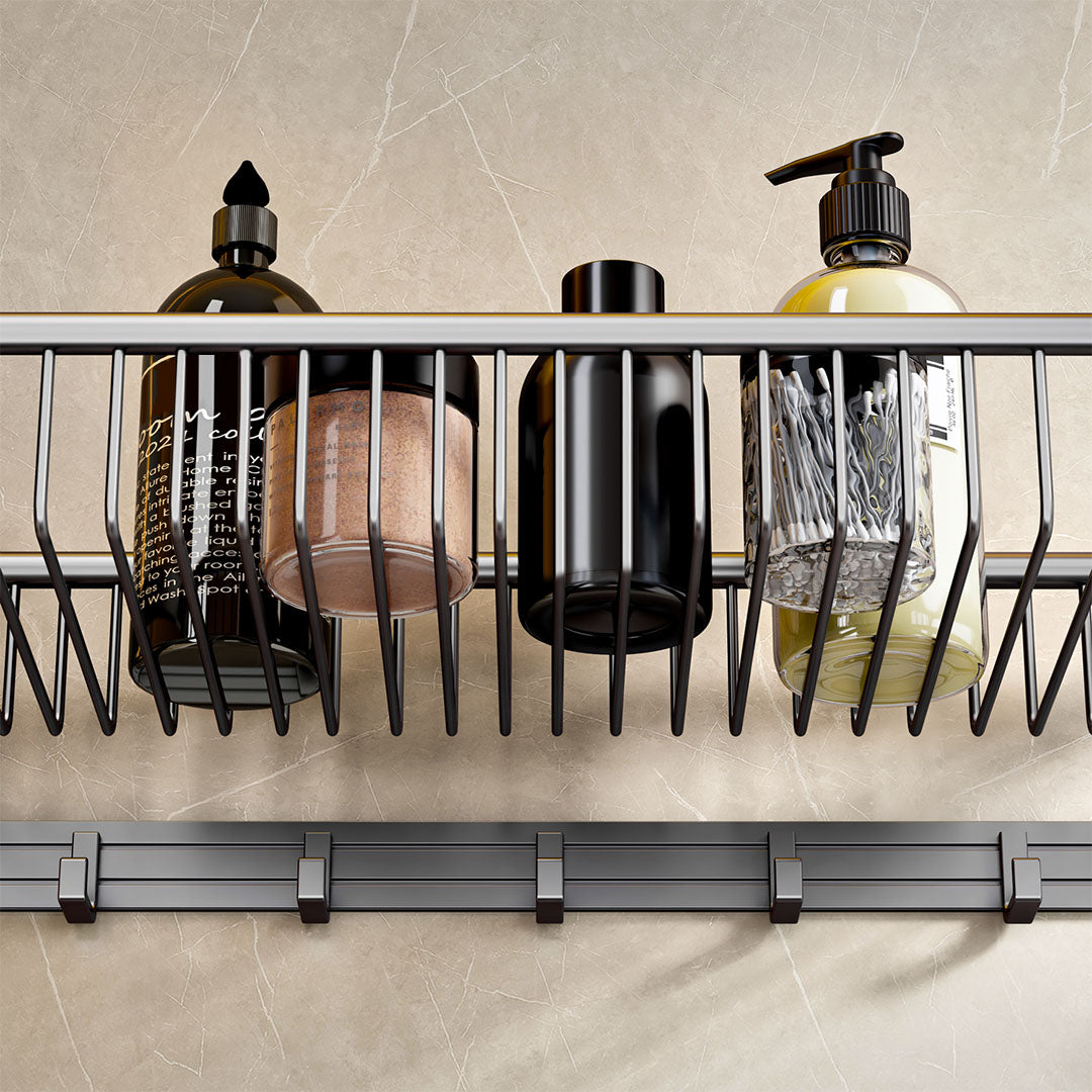 SOGA 61cm Gray Wall-Mounted Double Pole Towel Holder Bathroom Organiser Rail Hanger with Hooks • LUZ-TAN1016