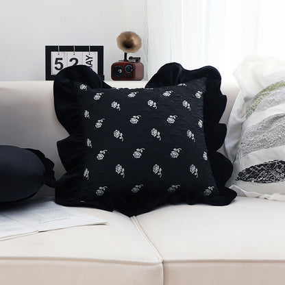 SOGA 2X 45cm Throw Pillow Black Ruffled Square Decorative Cushion for Rose Lovers Cozy Home Decor LUZ-FrenchCushion307X2