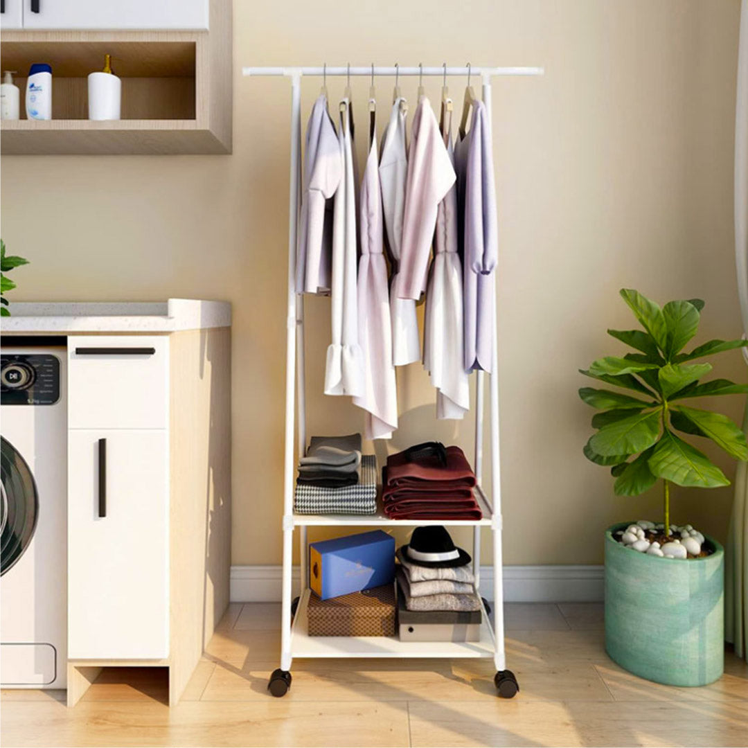 SOGA 2-in-1 Organiser Clothes Shoe Rack Space-Saving Triangular Storage with Wheels White • LUZ-Rack0013