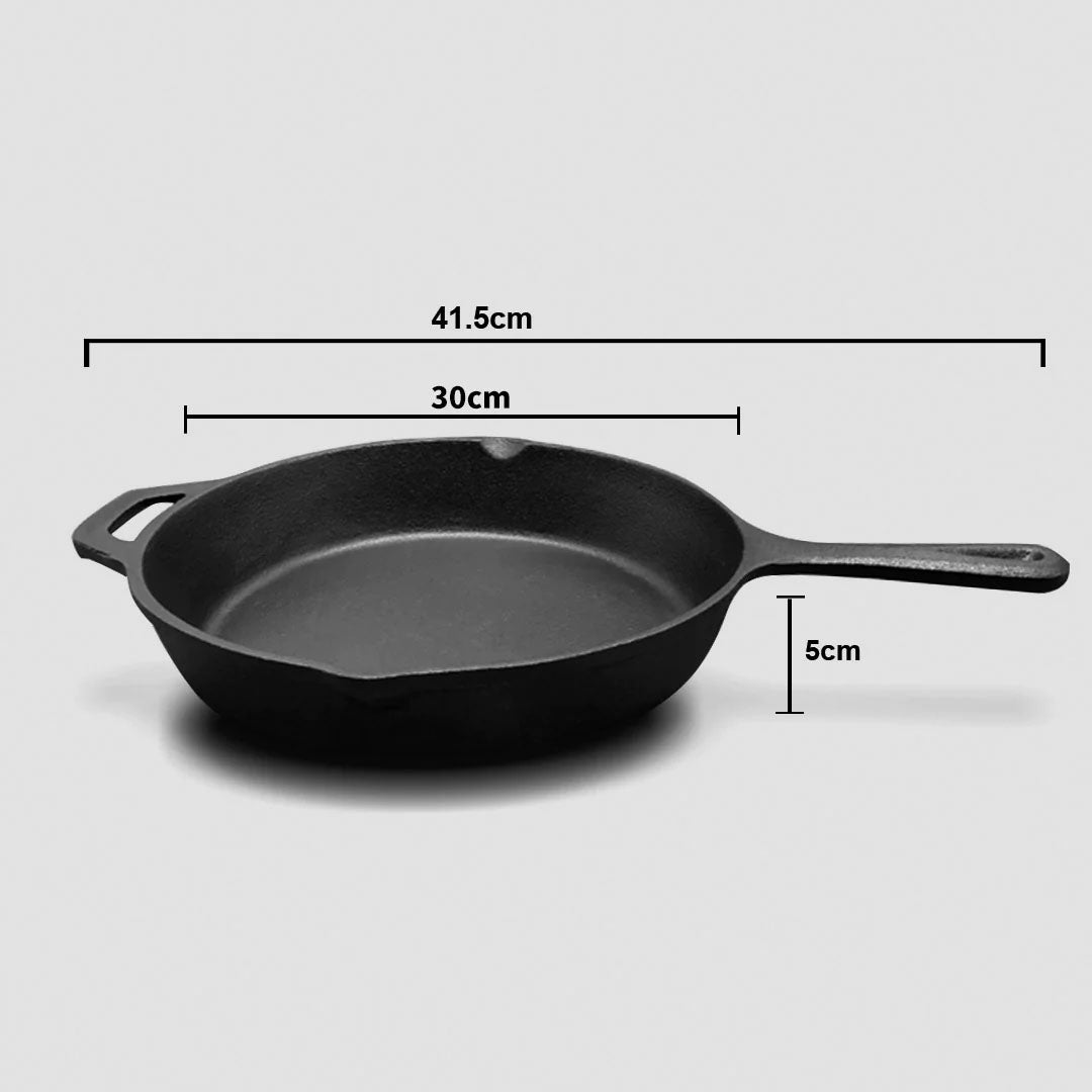SOGA 30cm Round Cast Iron Frying Pan Skillet Steak Sizzle Platter with Helper Handle • LUZ-ZPai008