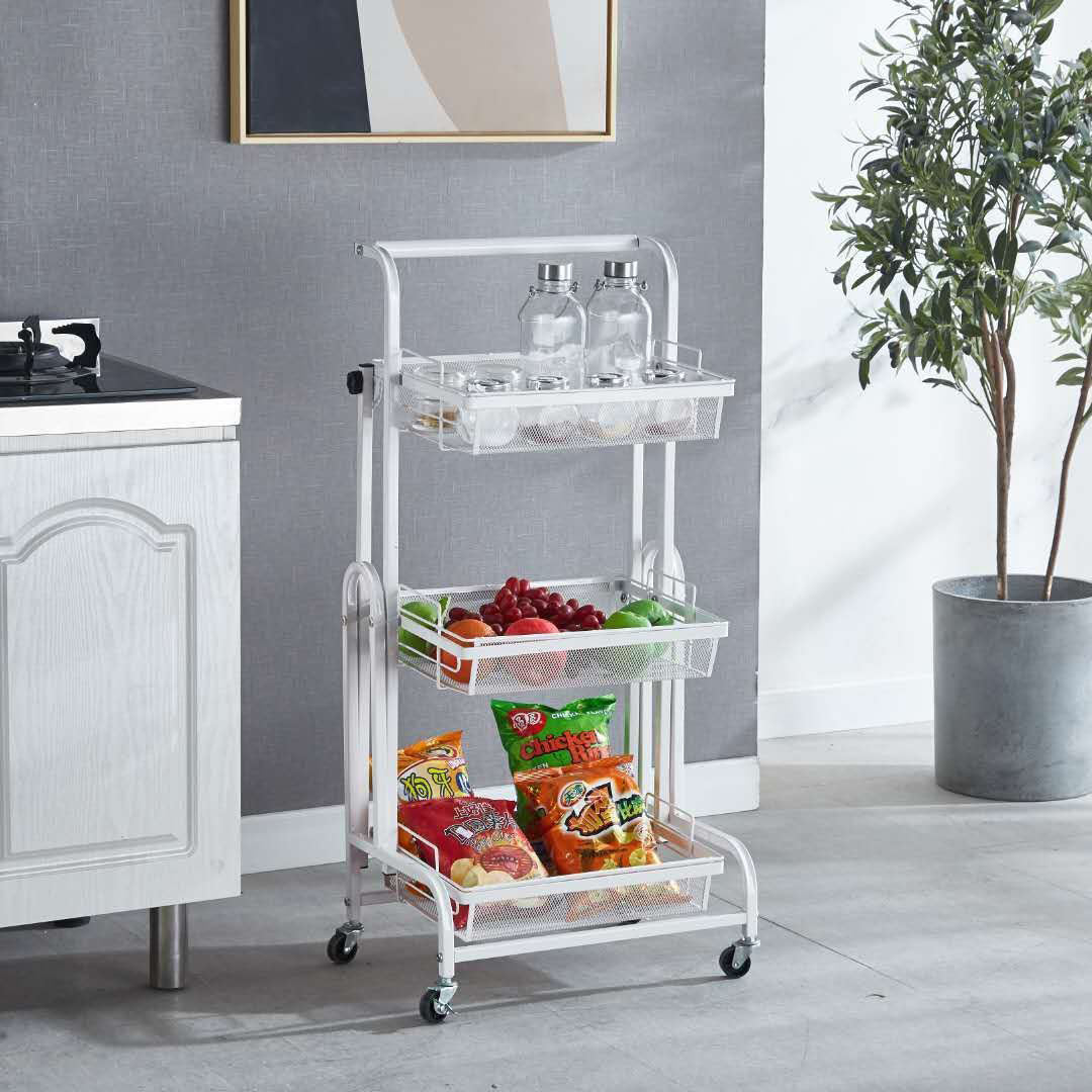 SOGA 3 Tier Steel White Adjustable Kitchen Cart Multi-Functional Shelves Portable Storage Organizer with Wheels • LUZ-KitchenXY033