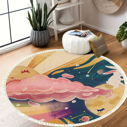 SOGA 2X 120cm Round Tassels Carpet Sky Landscape Clouds Boho Circle Area Rugs, Home Decor • LUZ-CarpetA39X2