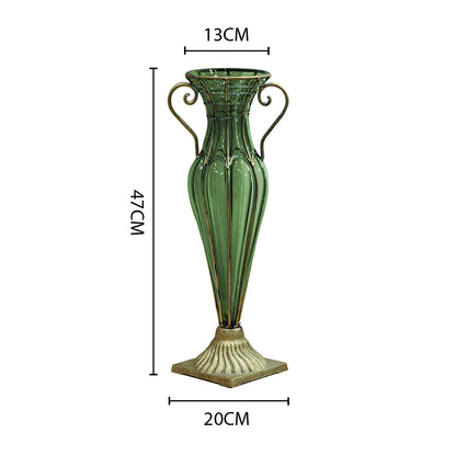 SOGA Green Colored European Glass Flower Vase Solid Base with Two Gold Metal Handle • LUZ-HO-VaseYG1885G