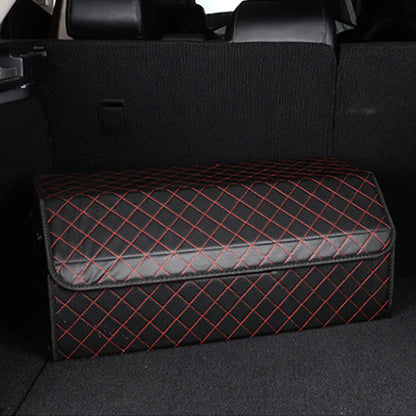 SOGA Leather Car Boot Collapsible Foldable Trunk Cargo Organizer Portable Storage Box Black/Red Stitch Large • LUZ-StorageBLKREDLge