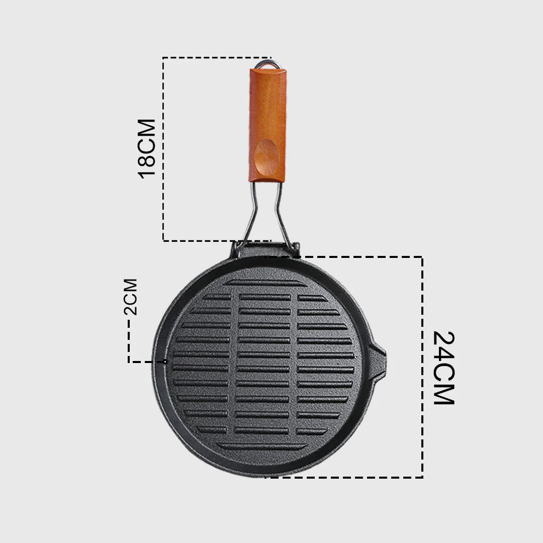 SOGA 2X 24cm Round Ribbed Cast Iron Steak Frying Grill Skillet Pan with Folding Wooden Handle • LUZ-ZPai026X2