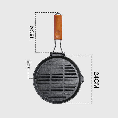 SOGA 2X 24cm Round Ribbed Cast Iron Steak Frying Grill Skillet Pan with Folding Wooden Handle • LUZ-ZPai026X2