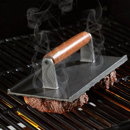 SOGA Cast Iron Bacon Meat Steak Press Grill BBQ with Wood Handle Weight Plate • LUZ-ZPaiA9