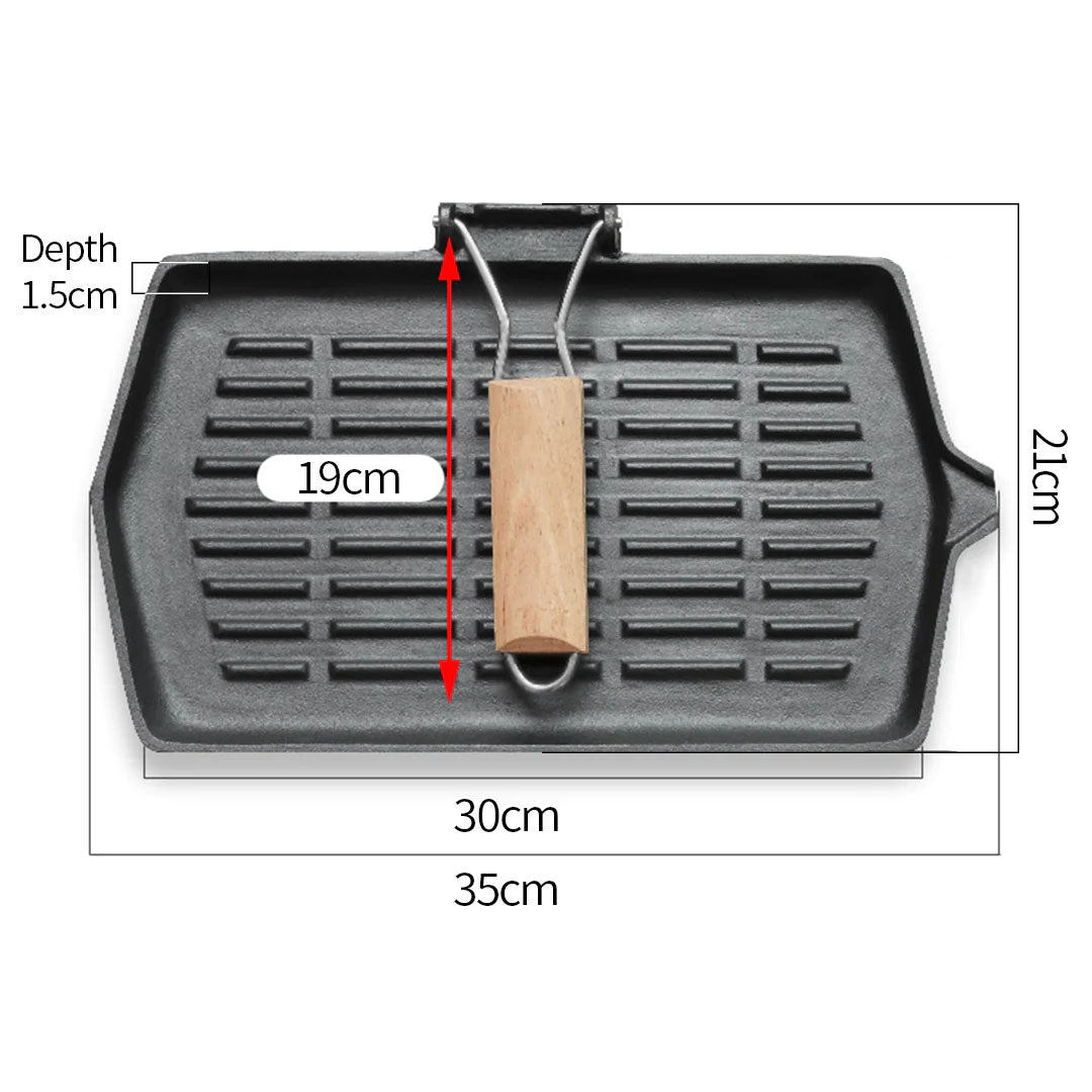 SOGA Rectangular Cast Iron Griddle Grill Frying Pan with Folding Wooden Handle • LUZ-ZPai047
