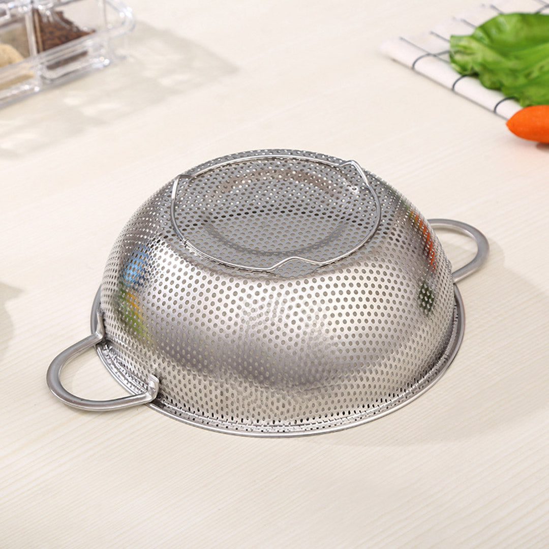 SOGA Stainless Steel Perforated Metal Colander Set Food Strainer Basket Mesh Net Bowl with 2 Handle • LUZ-ColanderBowlSet