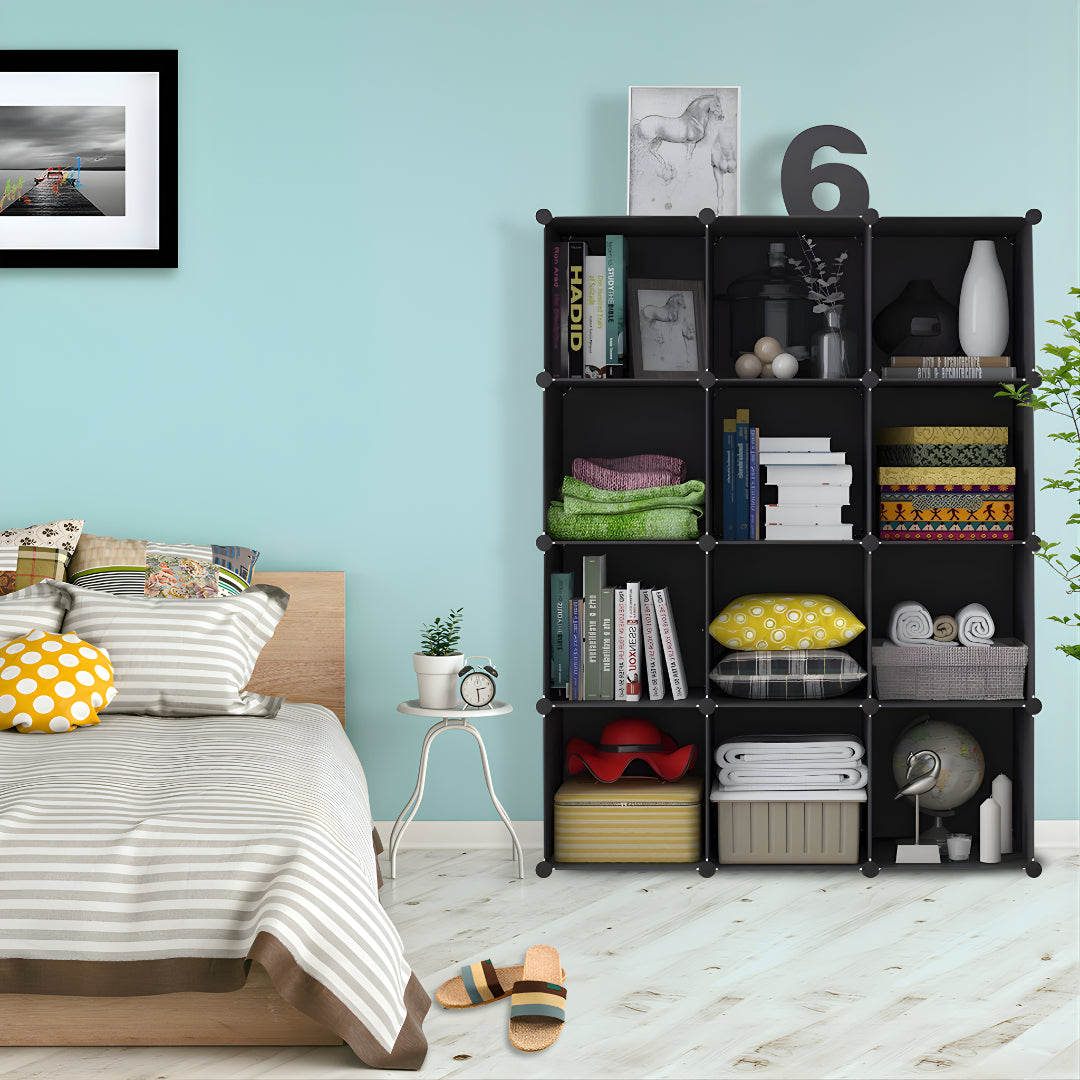 SOGA 4 Tier 12-Cube Black Portable Wardrobe Divide-Grid Modular Storage Organiser Foldable Closet • LUZ-Wrobe1768