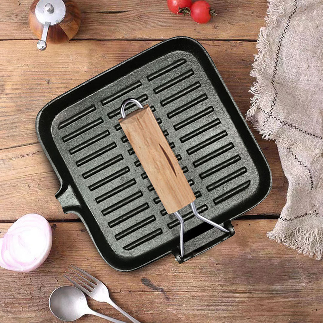 SOGA 24cm Ribbed Cast Iron Square Steak Frying Grill Skillet Pan with Folding Wooden Handle • LUZ-ZPai010