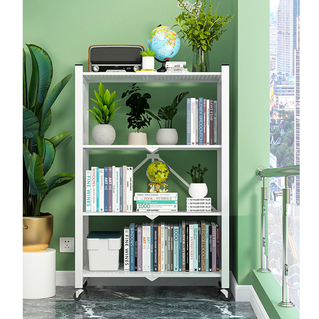 SOGA 4 Tier Steel White Foldable Display Stand Multi-Functional Shelves Portable Storage Organizer with Wheels • LUZ-KitchenXY029
