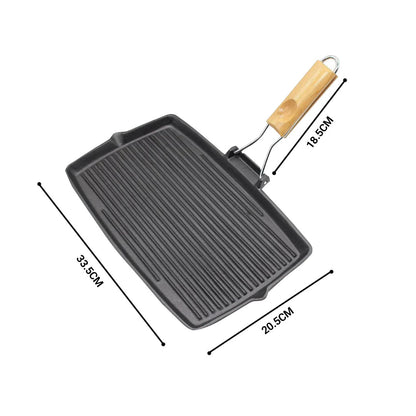 SOGA 20.5cm Rectangular Cast Iron Griddle Grill Frying Pan with Folding Wooden Handle • LUZ-ZPai061