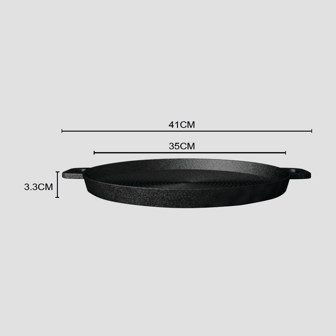 SOGA 35cm Round Ribbed Cast Iron Frying Pan Skillet Steak Sizzle Platter with Handle • LUZ-ZPai004