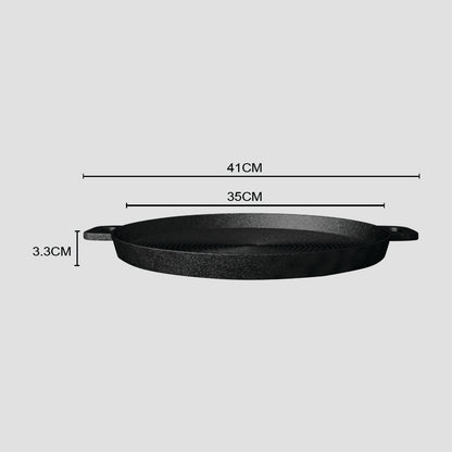 SOGA 35cm Round Ribbed Cast Iron Frying Pan Skillet Steak Sizzle Platter with Handle • LUZ-ZPai004