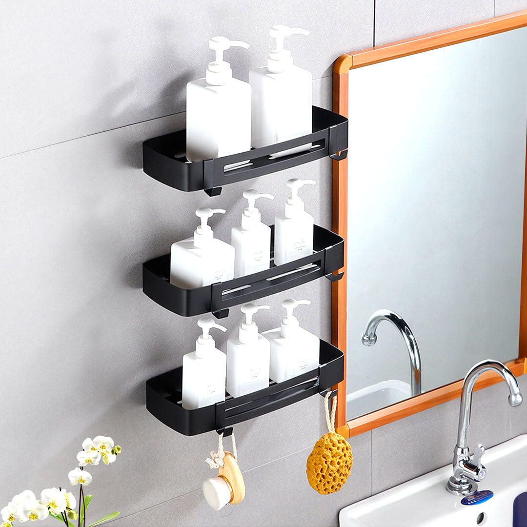 SOGA Black Wall-Mounted Rectangular Bathroom Storage Organiser Space Saving Adhesive Shelf Rack with Hooks LUZ-TAN1009