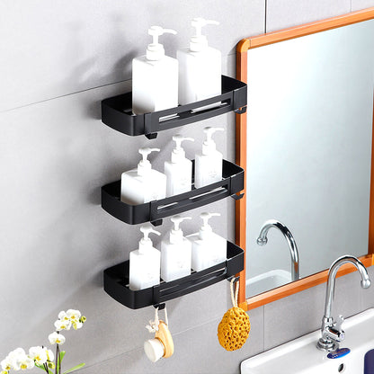 SOGA Black Wall-Mounted Rectangular Bathroom Storage Organiser Space Saving Adhesive Shelf Rack with Hooks LUZ-TAN1009