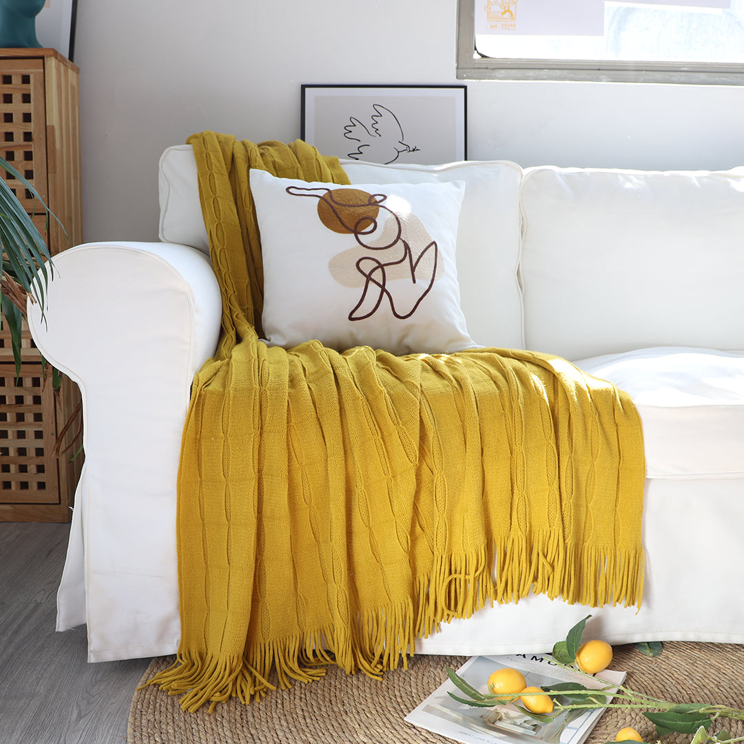 SOGA 2X Mustard Textured Knitted Throw Blanket Warm Cozy Woven Cover Couch Bed Sofa Home Decor with Tassels • LUZ-Blanket925X2