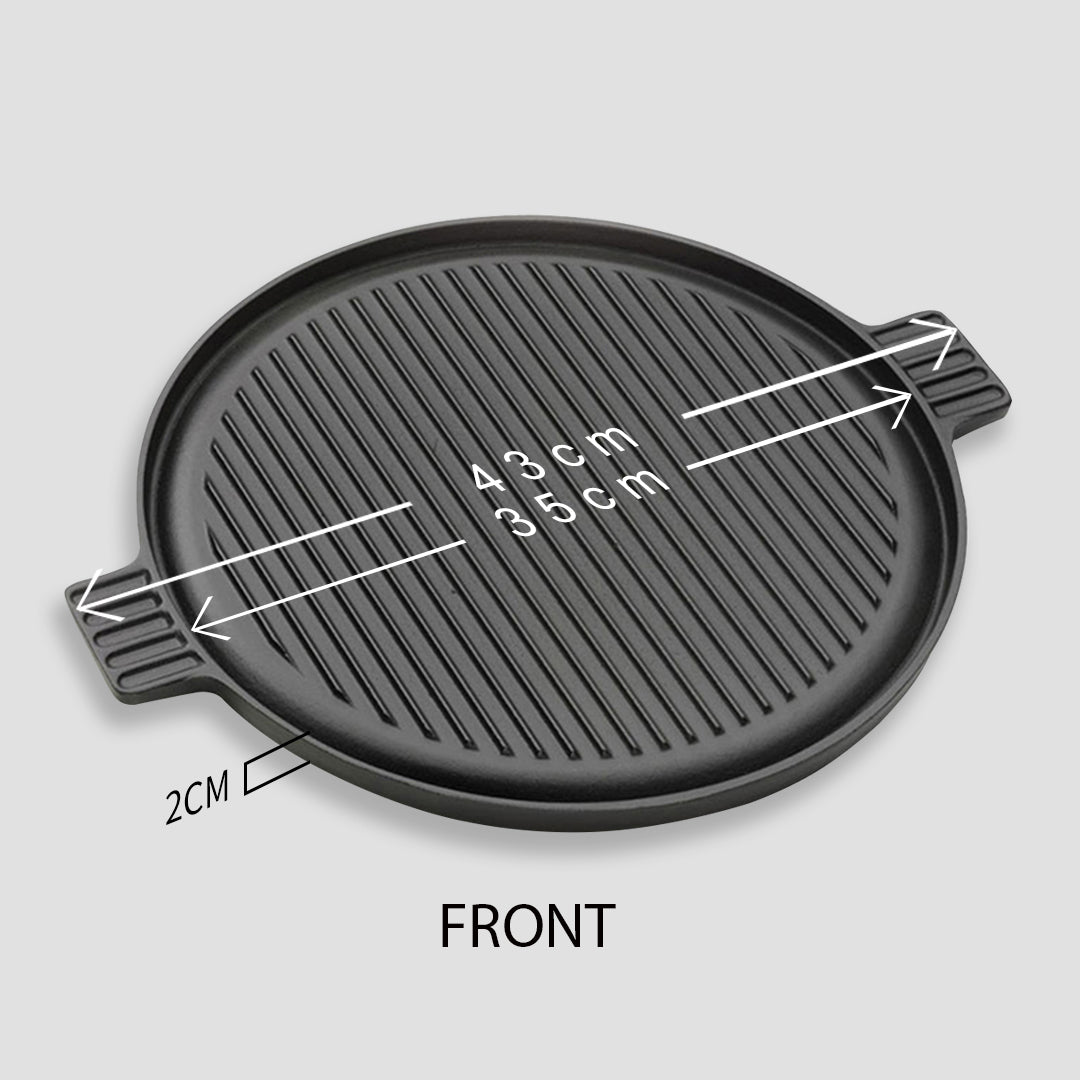 SOGA 43cm Round Ribbed Cast Iron Frying Pan Skillet Steak Sizzle Platter with Handle • LUZ-ZPai002