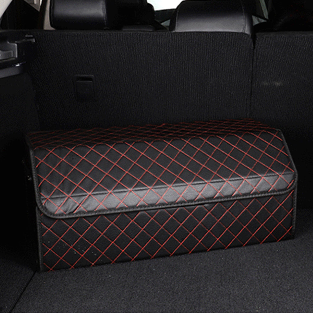 SOGA 2X Leather Car Boot Collapsible Foldable Trunk Cargo Organizer Portable Storage Box Black/Red Stitch Large • LUZ-StorageBLKREDLgeX2