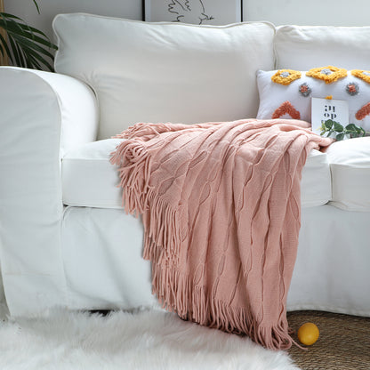 SOGA 2X Pink Textured Knitted Throw Blanket Warm Cozy Woven Cover Couch Bed Sofa Home Decor with Tassels • LUZ-Blanket927X2