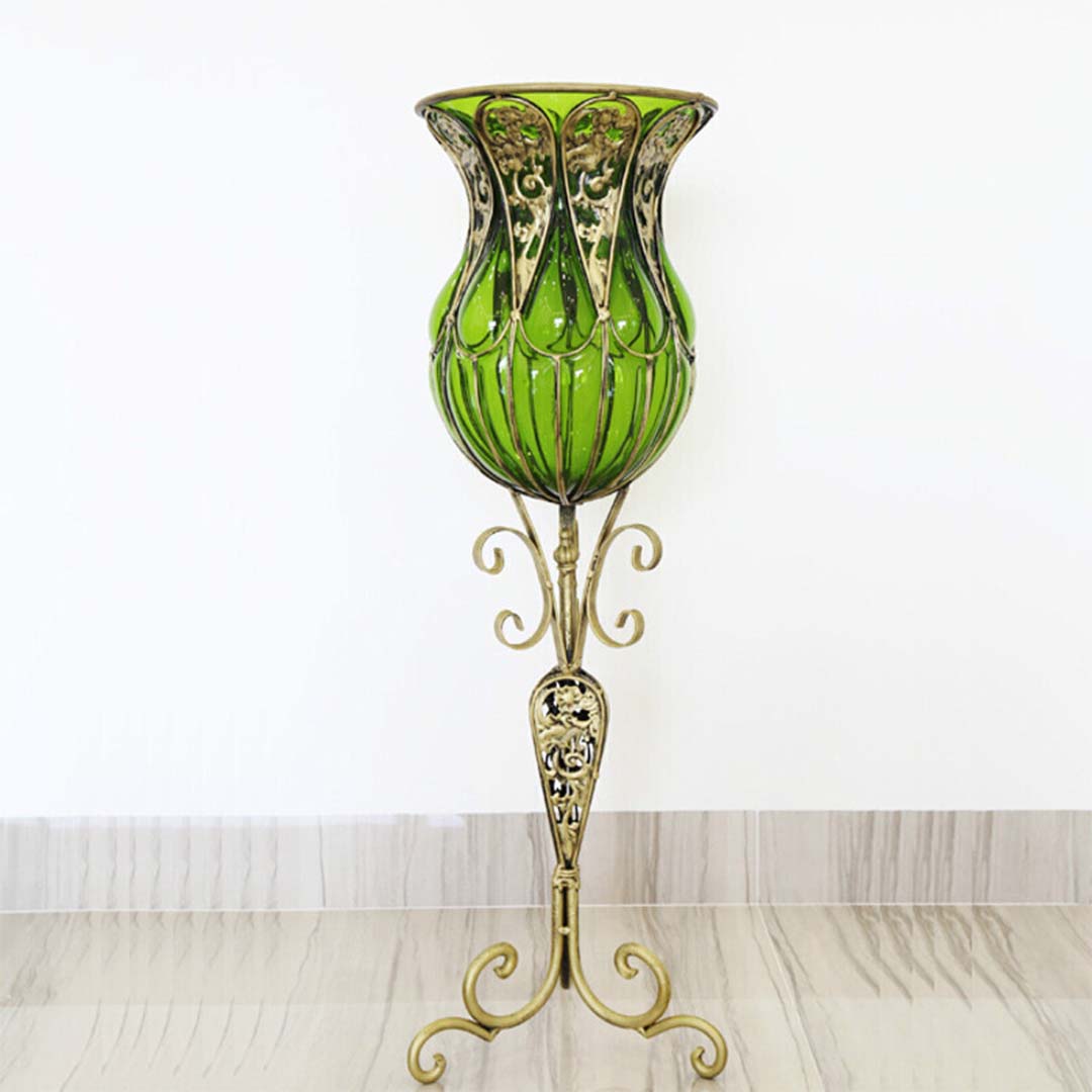 SOGA 85cm Green Glass Floor Vase with Tall Metal Flower Stand • LUZ-VaseYG3019Green