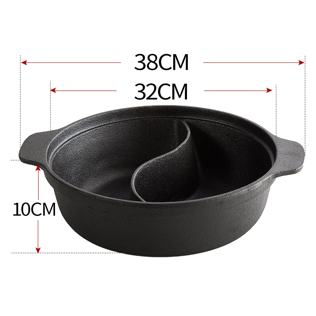 SOGA 2X 32CM Round Cast Iron Shabu Shabu Hotpot Beef Chicken Stew Wok Two-Flavor Division • LUZ-ZPai038AX2