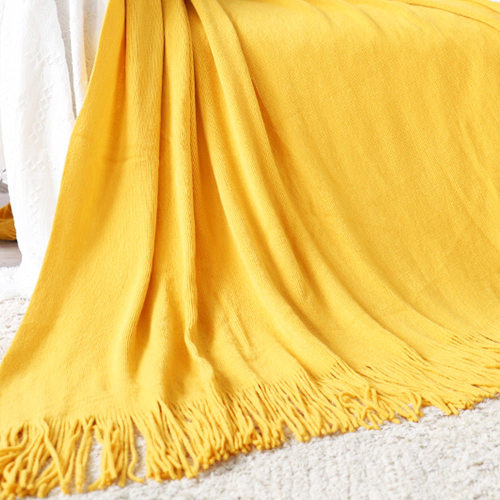SOGA 2X Yellow Acrylic Knitted Throw Blanket Solid Fringed Warm Cozy Woven Cover Couch Bed Sofa Home Decor • LUZ-Blanket916X2