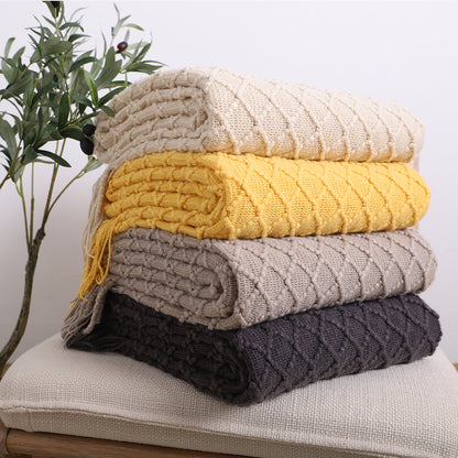 SOGA Beige Diamond Pattern Knitted Throw Blanket Warm Cozy Woven Cover Couch Bed Sofa Home Decor with Tassels LUZ-Blanket922