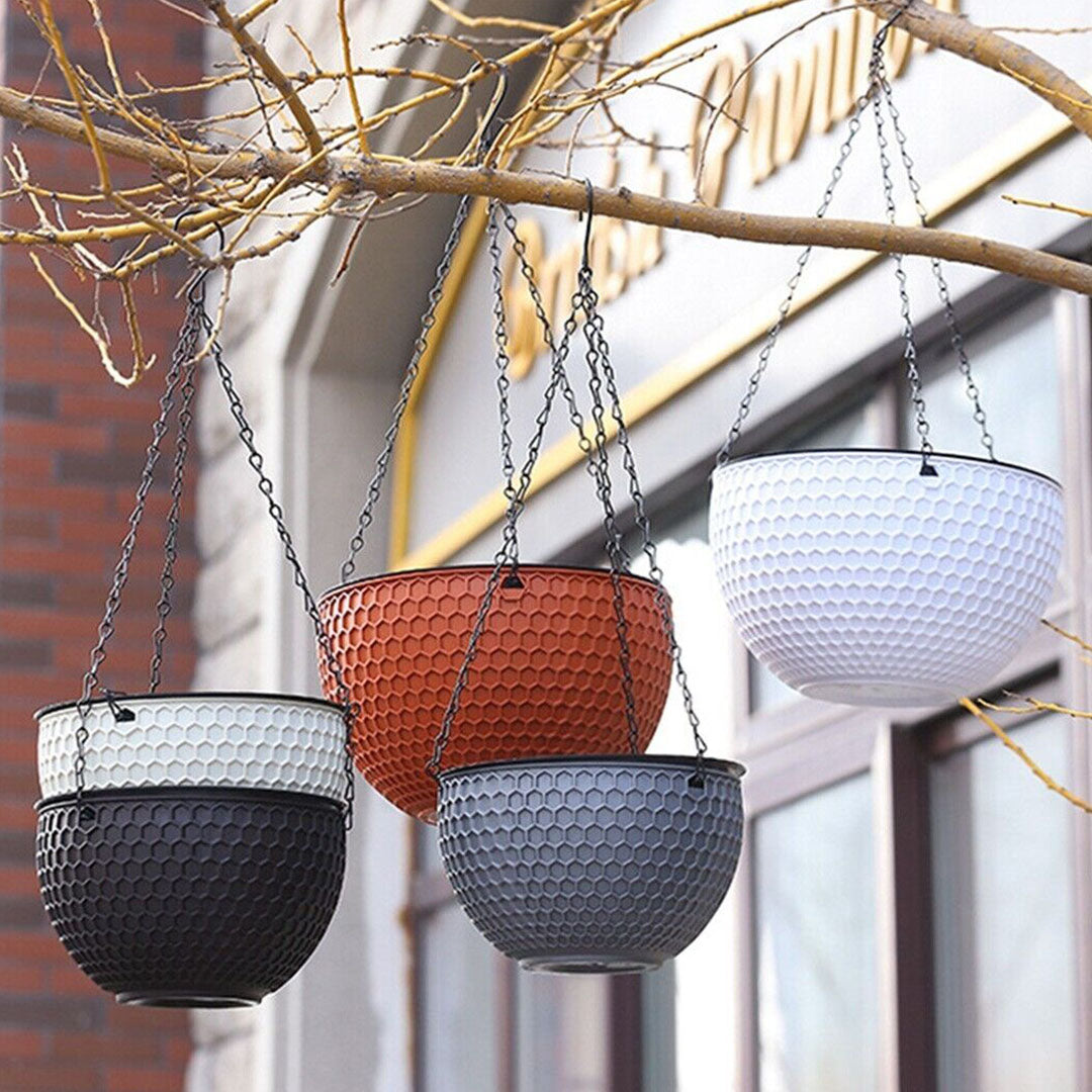SOGA White Medium Hanging Resin Flower Pot Self Watering Basket Planter Outdoor Garden Decor • LUZ-HangPot12WHT