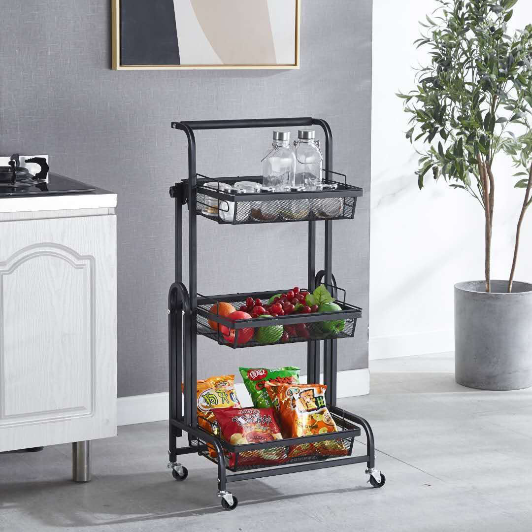 SOGA 3 Tier Steel Black Adjustable Kitchen Cart Multi-Functional Shelves Portable Storage Organizer with Wheels • LUZ-KitchenXY032
