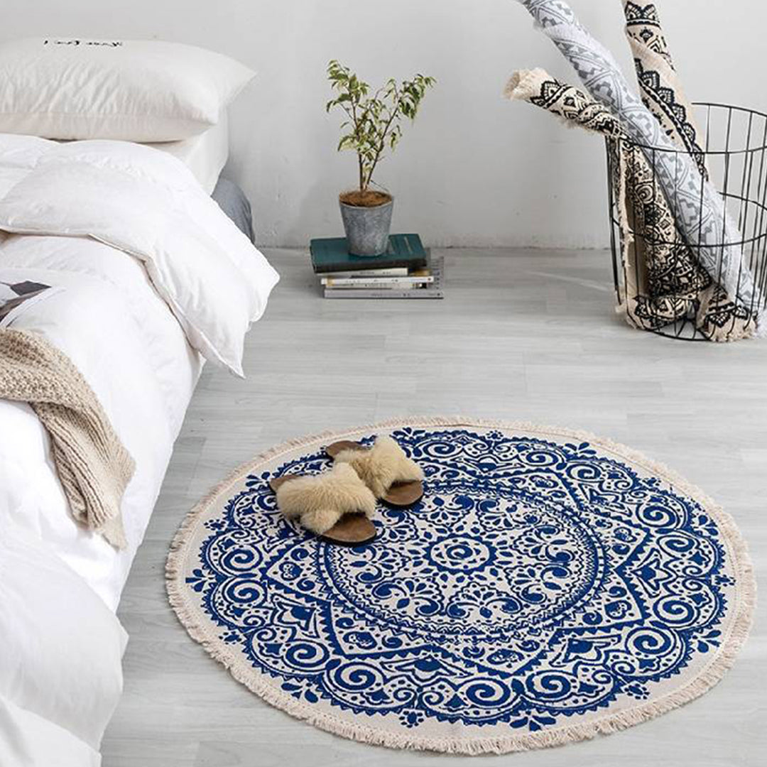 SOGA 2X Blue Carpet Soft Linen Bohemian Non-Slip Floor Retro Minimalist Round Rug Home Decor with Tassels • LUZ-CarpetRAG3X2
