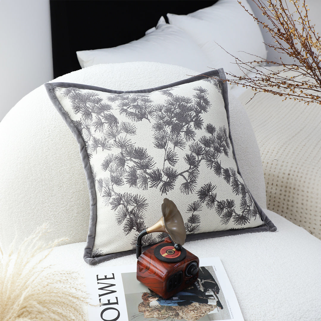 SOGA 45cm Throw Pillow Off White Wide Border with Branch and Pine Needle Design Pattern Home Decor • LUZ-FrenchCushion305