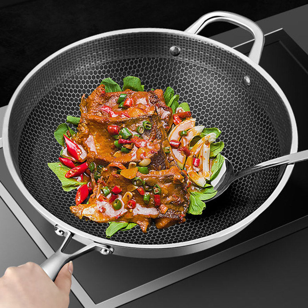 SOGA 2X 32cm Stainless Steel Tri-Ply Frying Cooking Fry Pan Textured Non Stick Interior Skillet with Glass Lid • LUZ-FryPanTRIFPYZ32X2